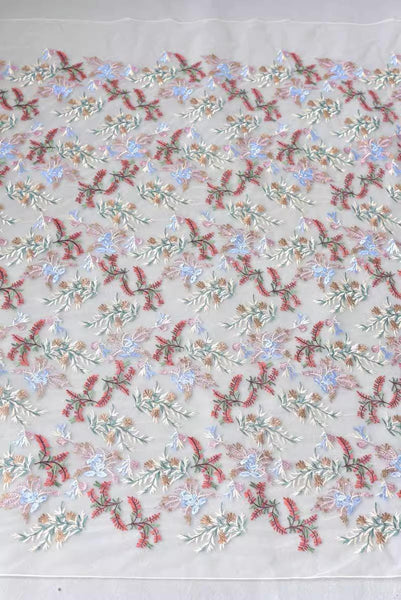 White Embroidered Floral Lace Fabric - Bridal Gown Lace By The Yard