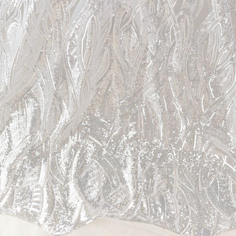 White Embroidered Bridal Lace Fabric: Corded Wedding Gown Lace