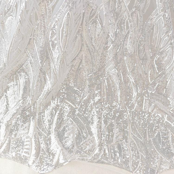 White Embroidered Bridal Lace Fabric: Corded Wedding Gown Lace