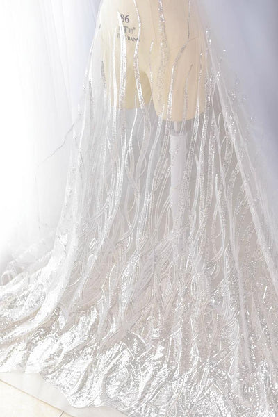 White Embroidered Bridal Lace Fabric: Corded Wedding Gown Lace