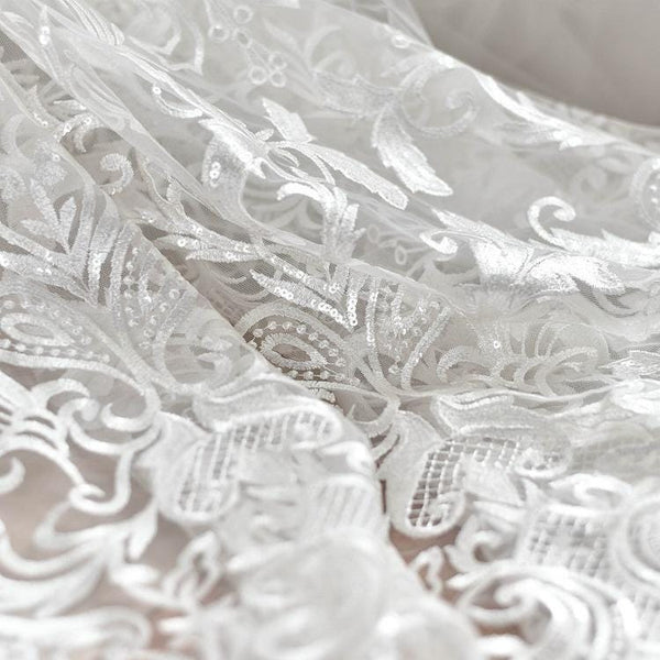 White Embroidered Bridal Lace Fabric by the Yard