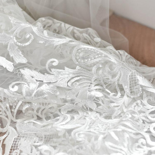 White Embroidered Bridal Lace Fabric by the Yard