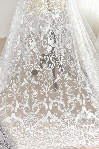 White Embroidered Bridal Lace Fabric by the Yard