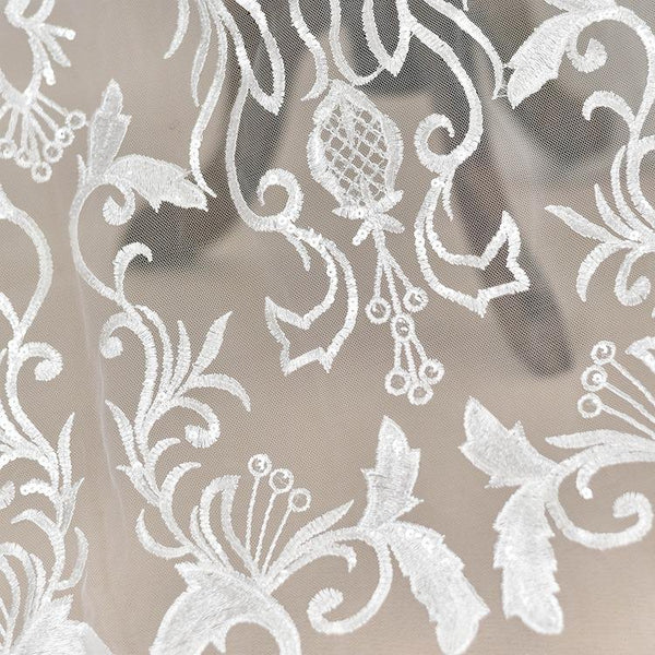 White Embroidered Bridal Lace Fabric by the Yard