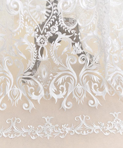White Embroidered Bridal Lace Fabric - Corded Lace for Wedding Gown