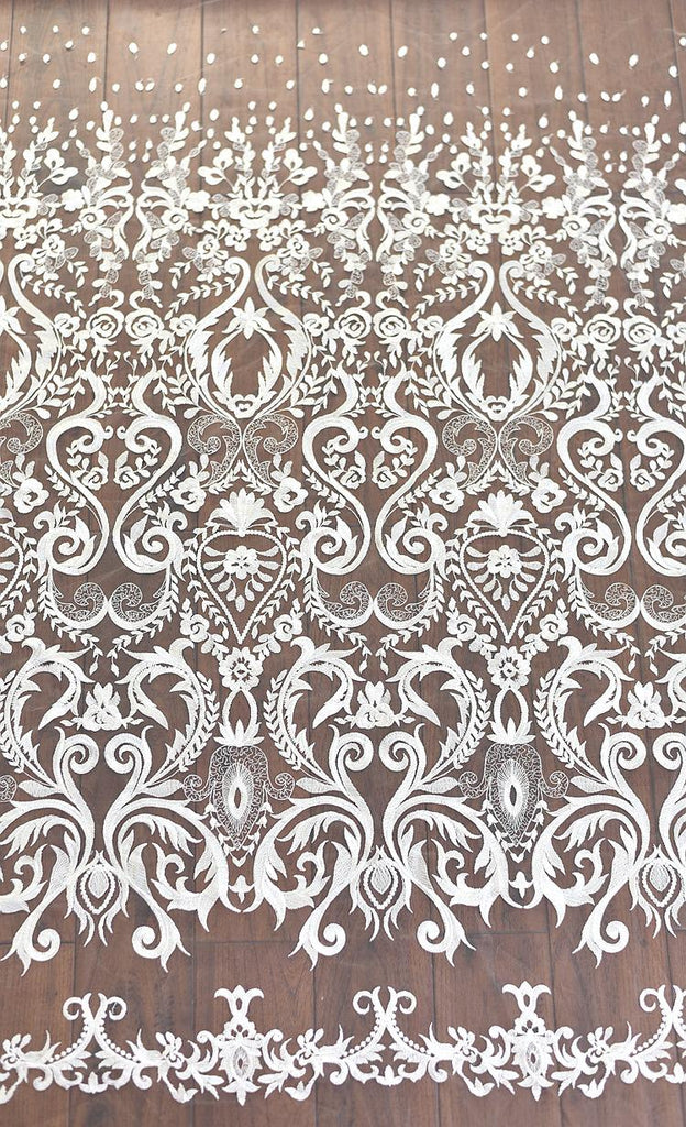 White Embroidered Bridal Lace Fabric - Corded Lace for Wedding Gown