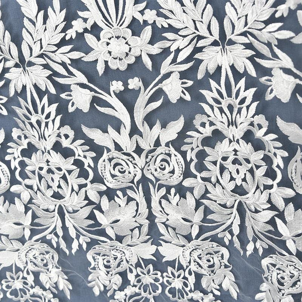 White Embroidered Bridal Lace Fabric - Corded Wedding Gown Lace