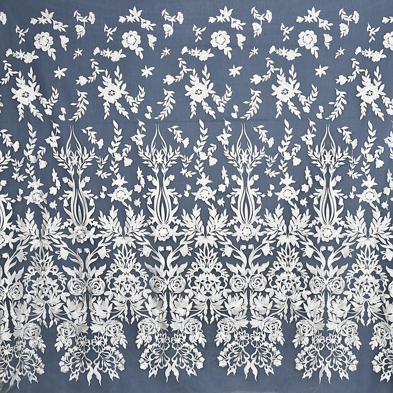 White Embroidered Bridal Lace Fabric - Corded Wedding Gown Lace