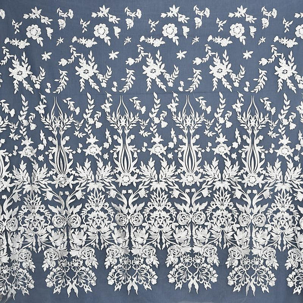 White Embroidered Bridal Lace Fabric - Corded Wedding Gown Lace