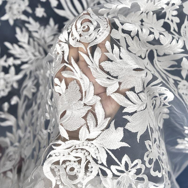 White Embroidered Bridal Lace Fabric - Corded Wedding Gown Lace