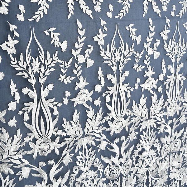 White Embroidered Bridal Lace Fabric - Corded Wedding Gown Lace