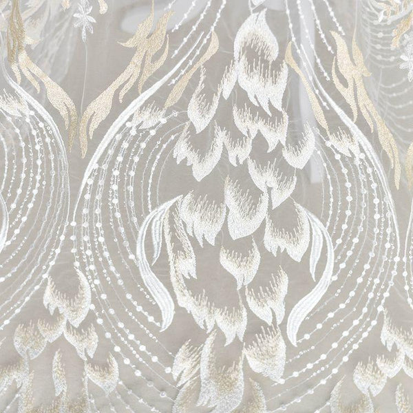 White Embroidered Bridal Lace Fabric - Corded Wedding Gown Lace