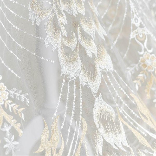 White Embroidered Bridal Lace Fabric - Corded Wedding Gown Lace