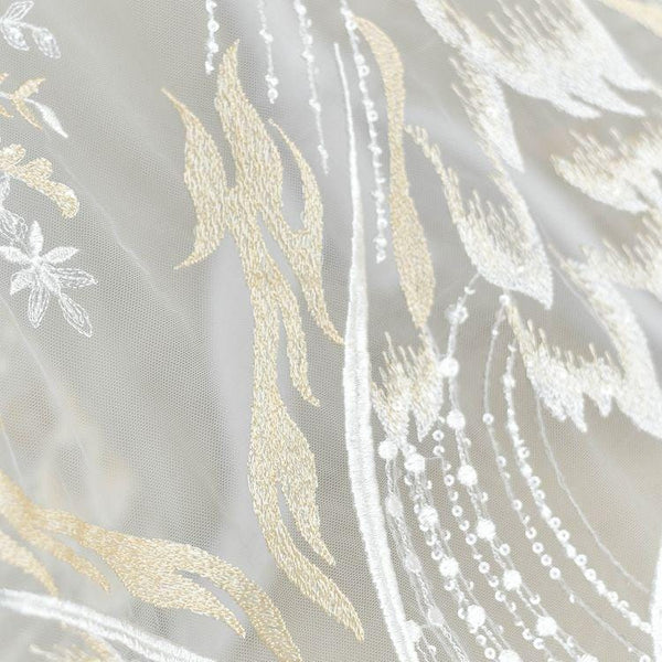 White Embroidered Bridal Lace Fabric - Corded Wedding Gown Lace