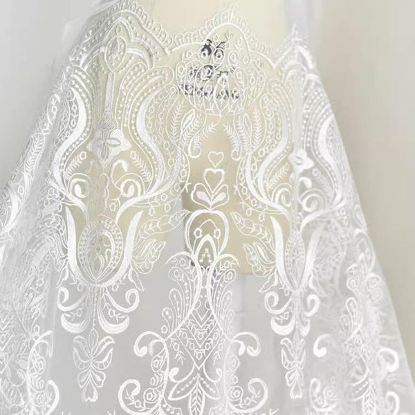 White Embroidered Bridal Lace Fabric - Corded Wedding Gown Lace by Yard