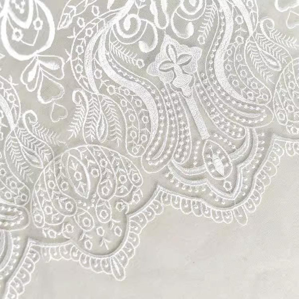 White Embroidered Bridal Lace Fabric - Corded Wedding Gown Lace by Yard