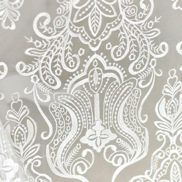 White Embroidered Bridal Lace Fabric - Corded Wedding Gown Lace by Yard