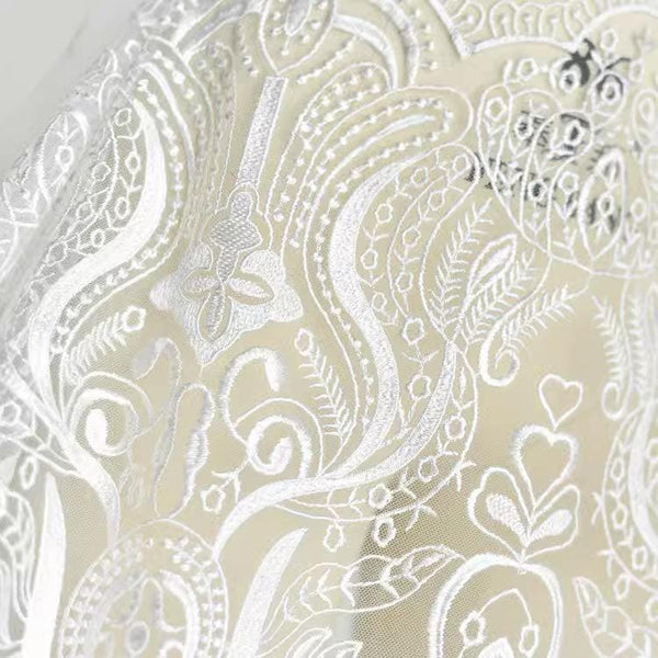 White Embroidered Bridal Lace Fabric - Corded Wedding Gown Lace by Yard