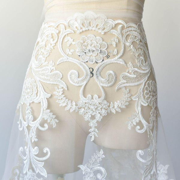 White Embroidered Bridal Lace Fabric - Corded Wedding Gown Lace