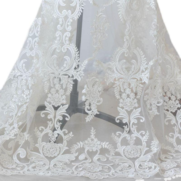 White Embroidered Bridal Lace Fabric - Corded Wedding Gown Lace