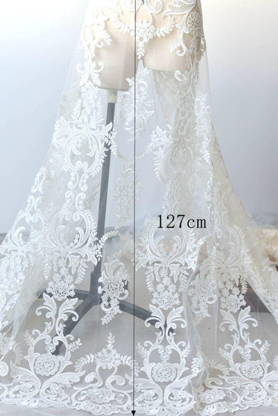 White Embroidered Bridal Lace Fabric - Corded Wedding Gown Lace
