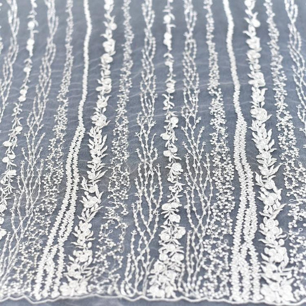 White Embroidered Bridal Lace Fabric - Corded Wedding Gown Lace