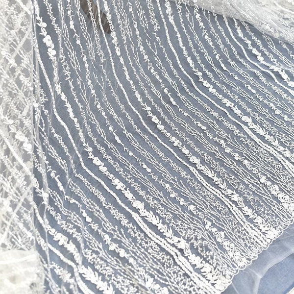 White Embroidered Bridal Lace Fabric - Corded Wedding Gown Lace