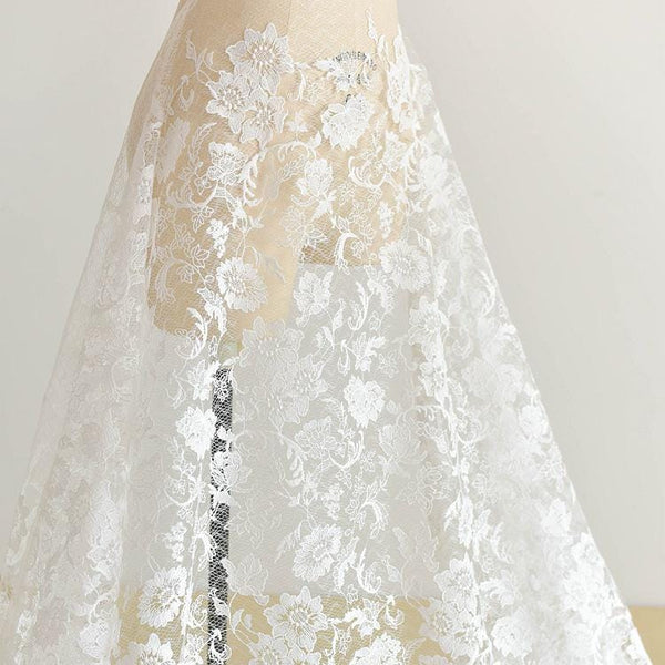 Off White Bridal Lace Fabric with gold embroidery, price by the yard