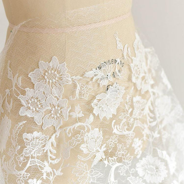 Off White Bridal Lace Fabric with gold embroidery, price by the yard
