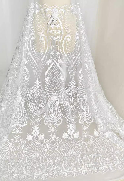 White Embroidered Bridal Lace Fabric - Corded Lace for Wedding Gown