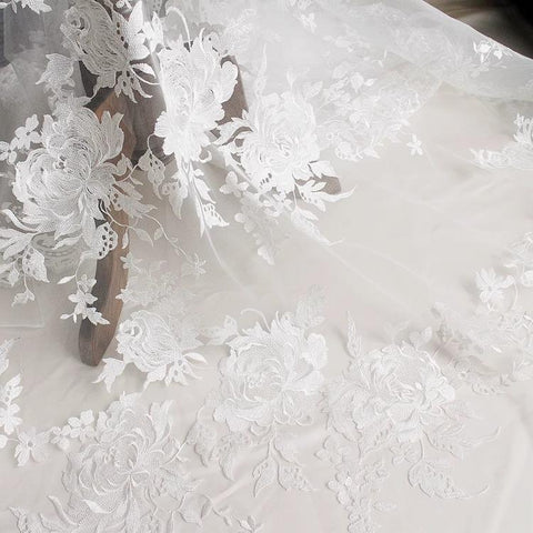 White Embroidered Bridal Lace Fabric - Corded Wedding Gown Lace By The Yard