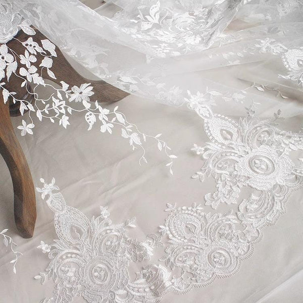 White Embroidered Bridal Lace Fabric - Corded Wedding Gown Lace By The Yard