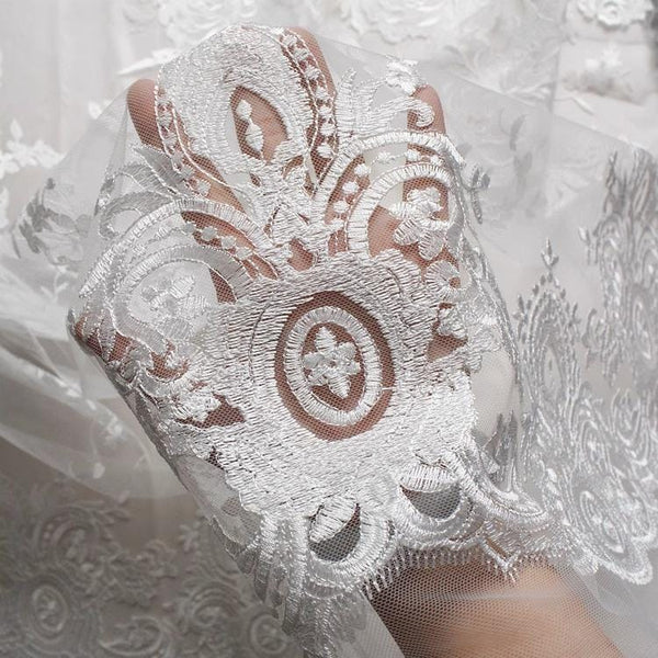 White Embroidered Bridal Lace Fabric - Corded Wedding Gown Lace By The Yard