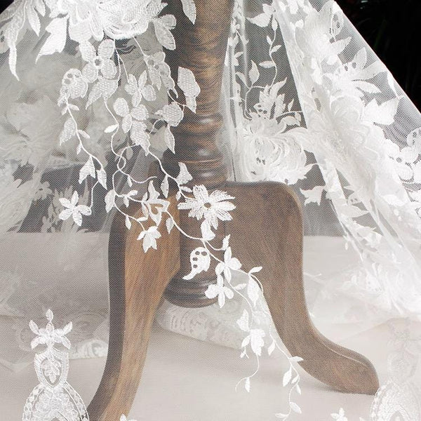 White Embroidered Bridal Lace Fabric - Corded Wedding Gown Lace By The Yard