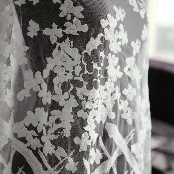 White Embroidered Bridal Lace Fabric - Corded Lace for Wedding Dress
