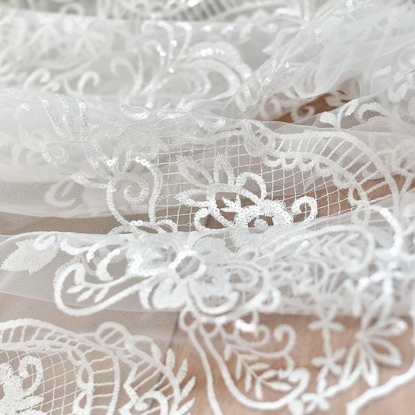 White Embroidered Bridal Lace Fabric - Corded Wedding Gown Lace
