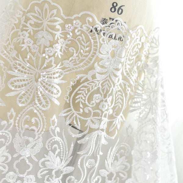 White Embroidered Bridal Lace Fabric - Corded Wedding Gown Lace