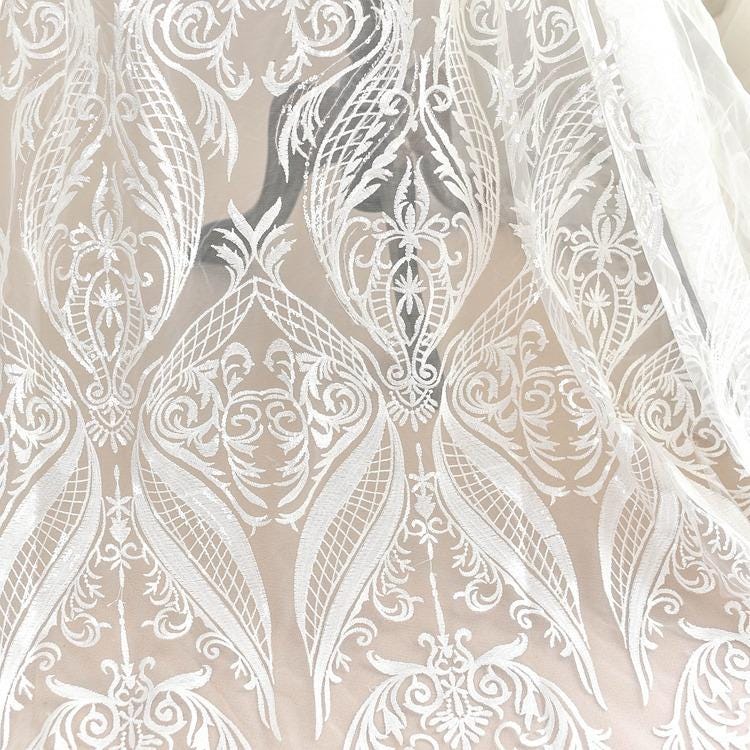 White Embroidered Bridal Lace Fabric - Corded Wedding Gown Lace by Yard