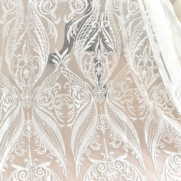 White Embroidered Bridal Lace Fabric - Corded Wedding Gown Lace by Yard