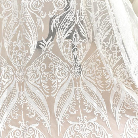White Embroidered Bridal Lace Fabric - Corded Wedding Gown Lace by Yard