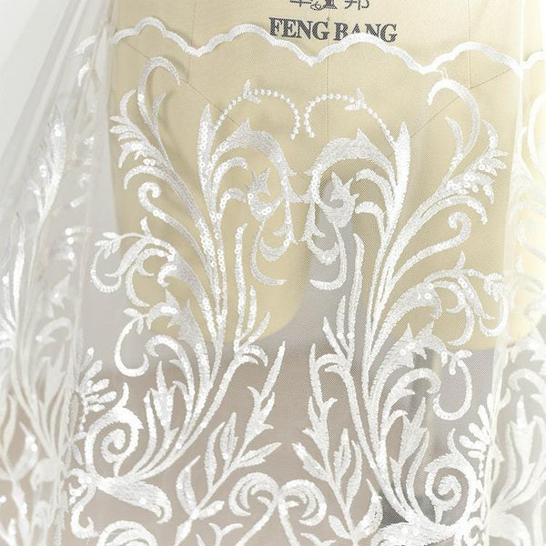 White Embroidered Bridal Lace Fabric - Corded Wedding Gown Lace by Yard