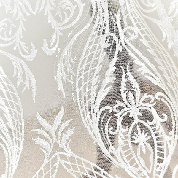White Embroidered Bridal Lace Fabric - Corded Wedding Gown Lace by Yard