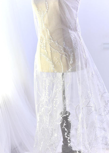 White Embroidered Bridal Lace Fabric - Corded Wedding Gown Lace
