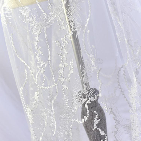 White Embroidered Bridal Lace Fabric - Corded Wedding Gown Lace