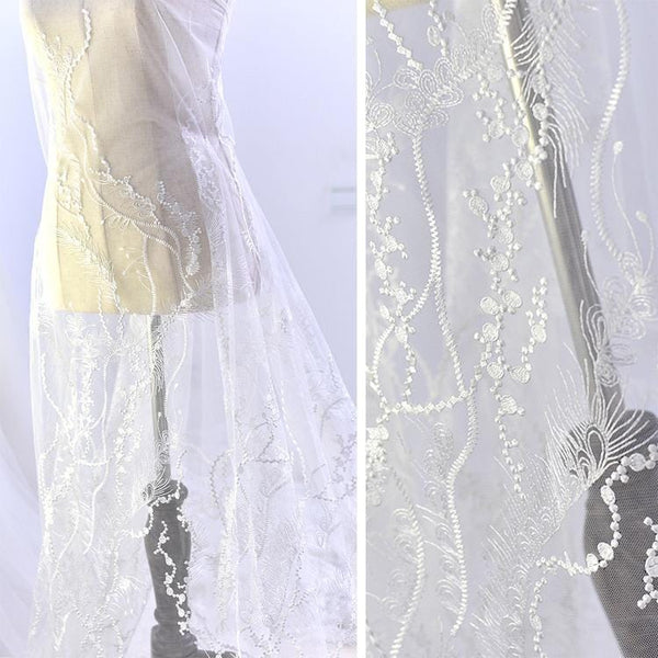 White Embroidered Bridal Lace Fabric - Corded Wedding Gown Lace