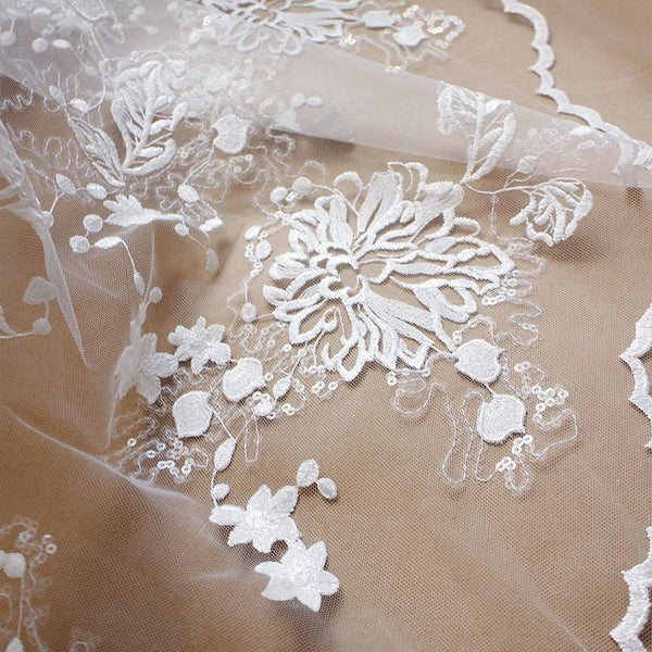 White Embroidered Bridal Lace Fabric - Corded Lace for Wedding Gown