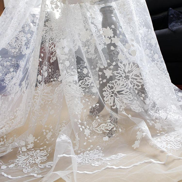 White Embroidered Bridal Lace Fabric - Corded Lace for Wedding Gown