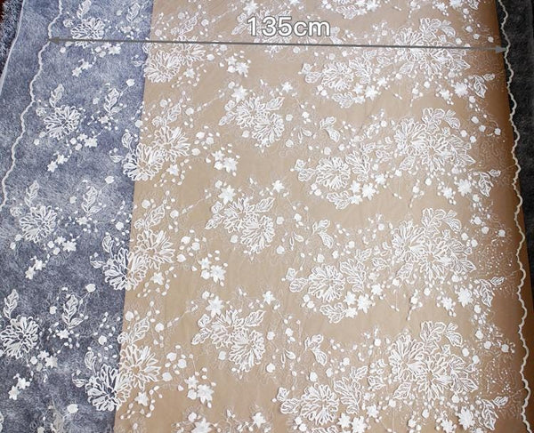 White Embroidered Bridal Lace Fabric - Corded Lace for Wedding Gown