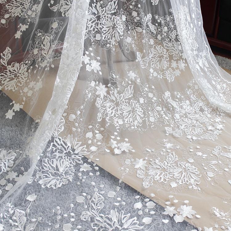 White Embroidered Bridal Lace Fabric - Corded Lace for Wedding Gown