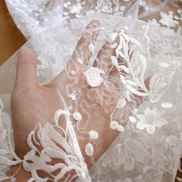 White Embroidered Bridal Lace Fabric - Corded Lace for Wedding Gown